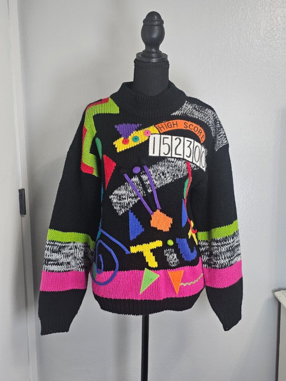Cherry Stix Vintage 80's 90's Knitted Black with Multi Color Sweater Size Medium - Picture 2 of 5